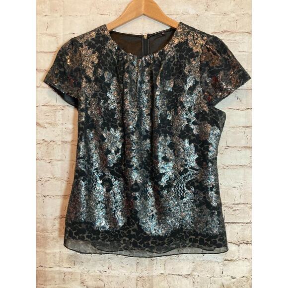 Elie Tahari Top Womens Medium Black All Over Sequin Animal Print Shimmer Career - Picture 1 of 14
